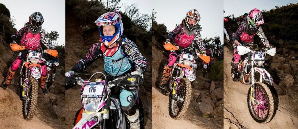 Collage of four female dirt bikers riding over rocky terrain